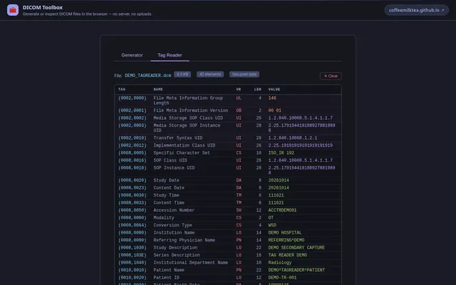 DICOM Toolbox Tag Reader listing the tags, VRs and values of a demo DICOM file