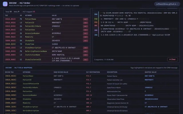 DICOM to HL7 Order tool showing sample DICOM tags, the generated HL7 v2.5.1 ORM^O01 message and the tag-to-field mapping table