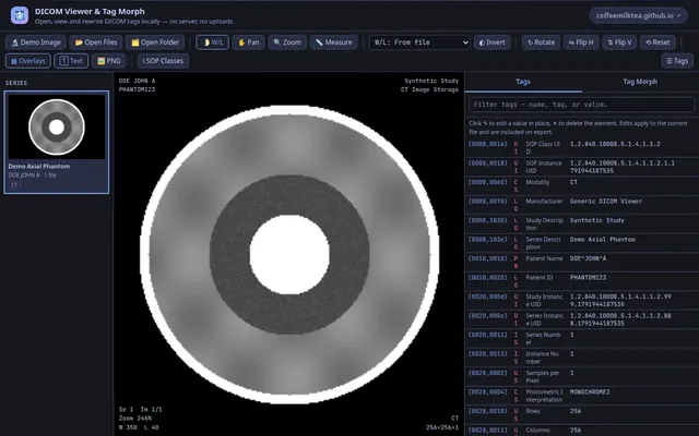 DICOM Viewer showing a demo axial phantom image with its tag list in the side panel