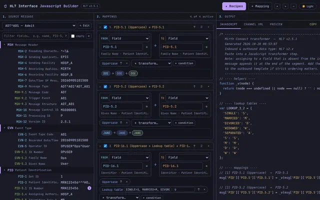 Mirth Transformer Builder with a sample ADT^A01 message, three field mappings and the generated JavaScript transformer
