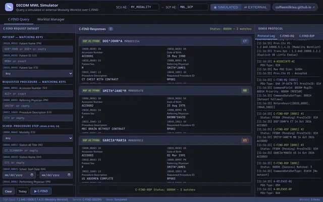 MWL Simulator with a C-FIND request form, matching scheduled worklist items and the protocol log